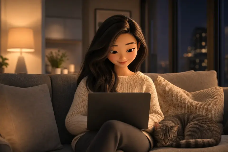 租客 Mia 在沙发上用电脑找房